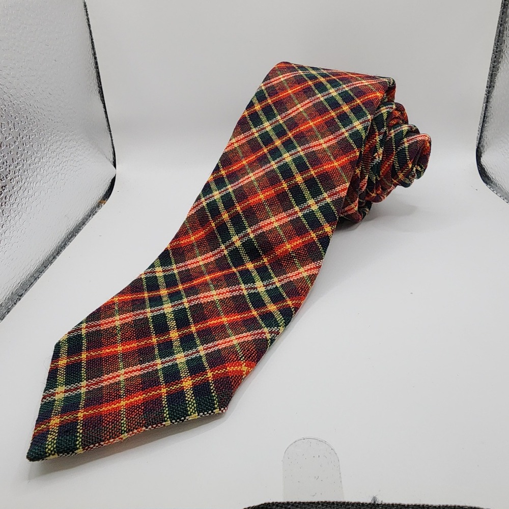 VTG Polo Ralph Lauren Necktie Mens Red Green Tartan Plaid Textured Tie 56x2.5